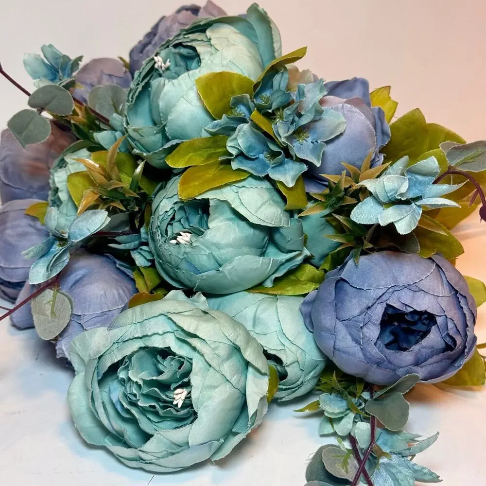 Mixed Blue Artificial Peony Bouquet (Set of 2)